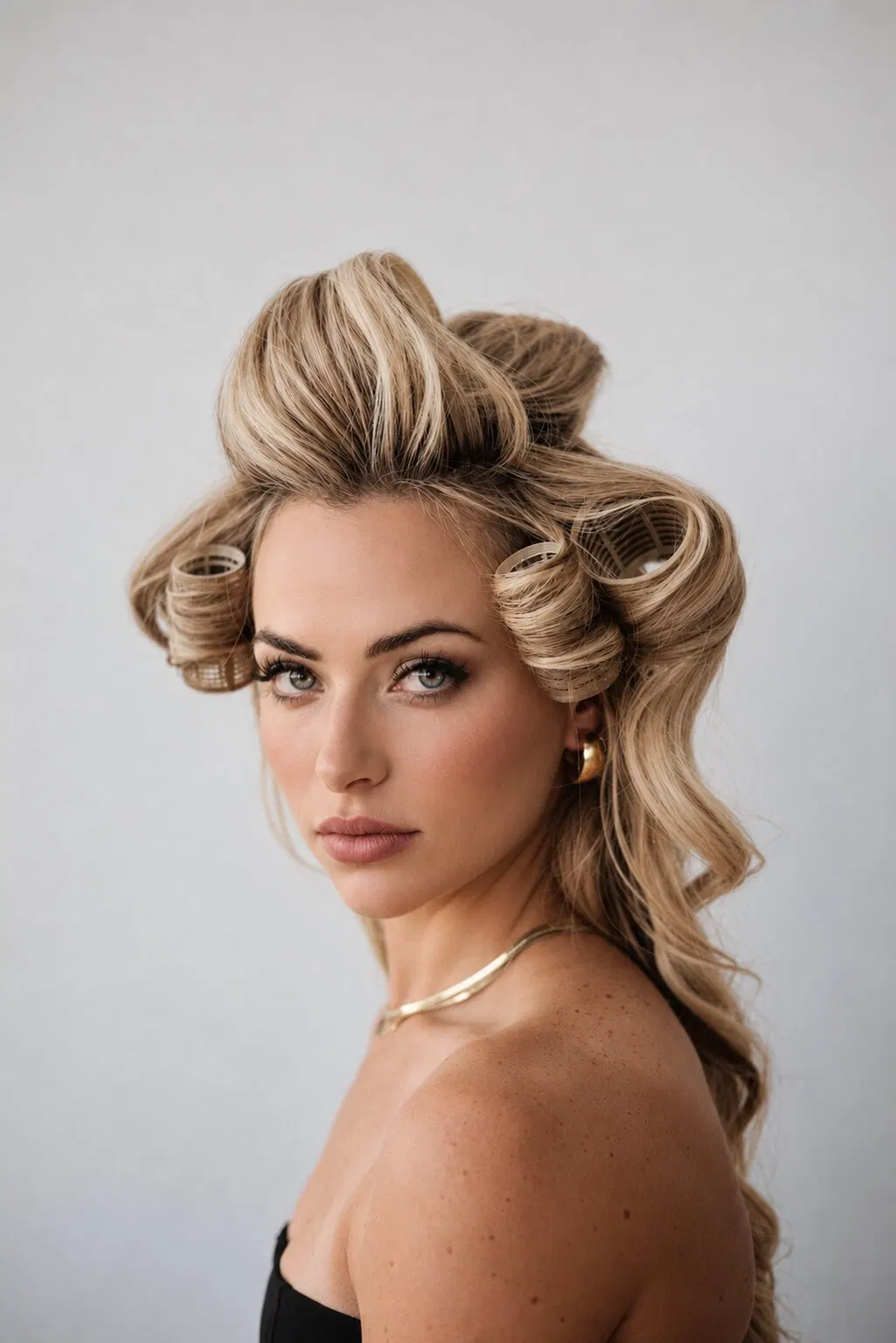 Tyler Tanner in hair rollers and a gold collar necklace, bare-shouldered against a pale grey wall, looking back at the camera.