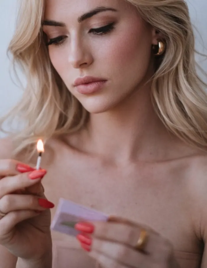 Tyler Tanner striking a match, red nails and a gold ring, warm colour.