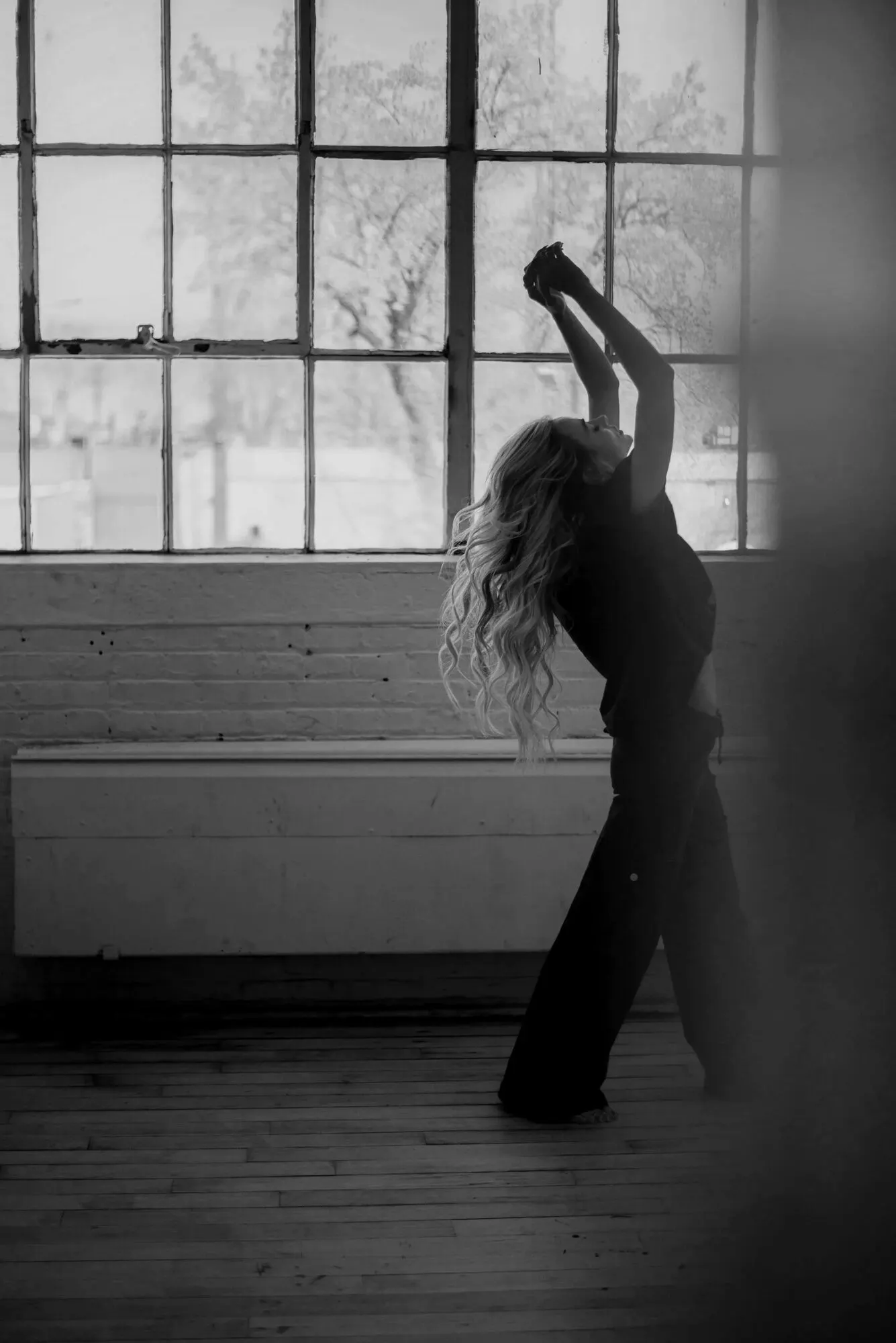 Backlit silhouette in a tall window, the room around it in deep shadow.