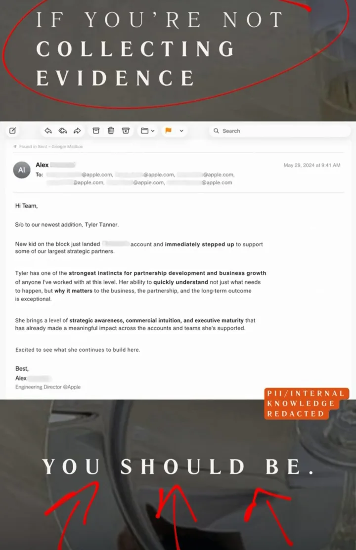 An Instagram story reading "IF YOU’RE NOT COLLECTING EVIDENCE — YOU SHOULD BE." over an internal introduction email from an Engineering Director at Apple, dated May 2024, with internal information redacted by Bloom.