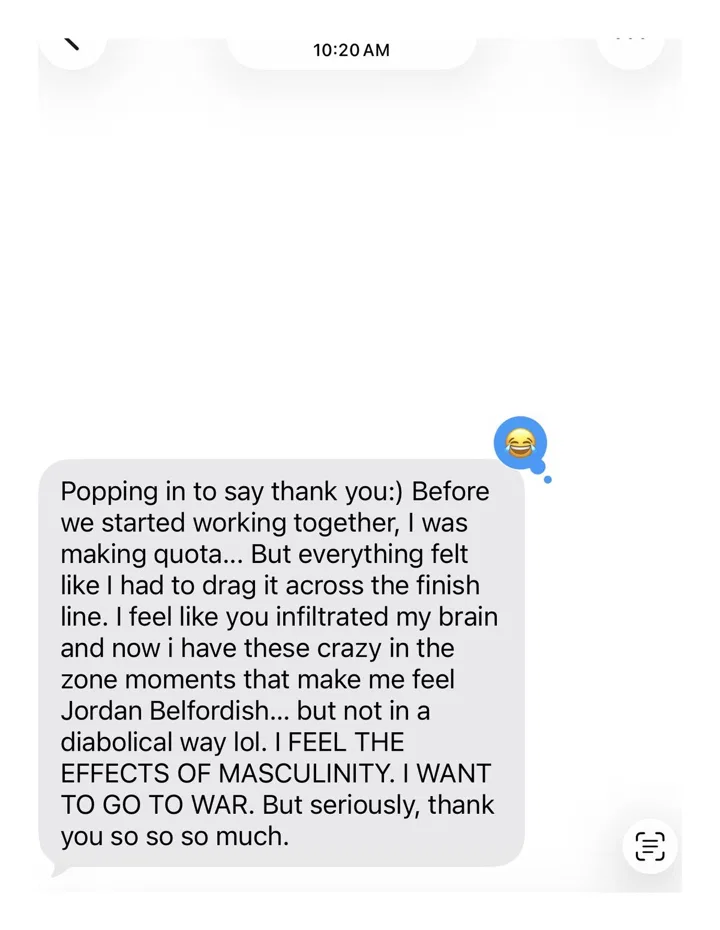 A long iMessage from a seller describing the change in how they work after training with Tyler.